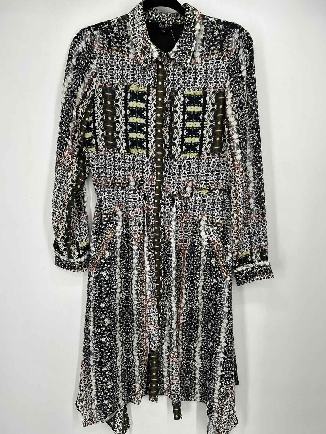 Alex Marie Size 4 Black & Green Print Long Sleeve Dress
