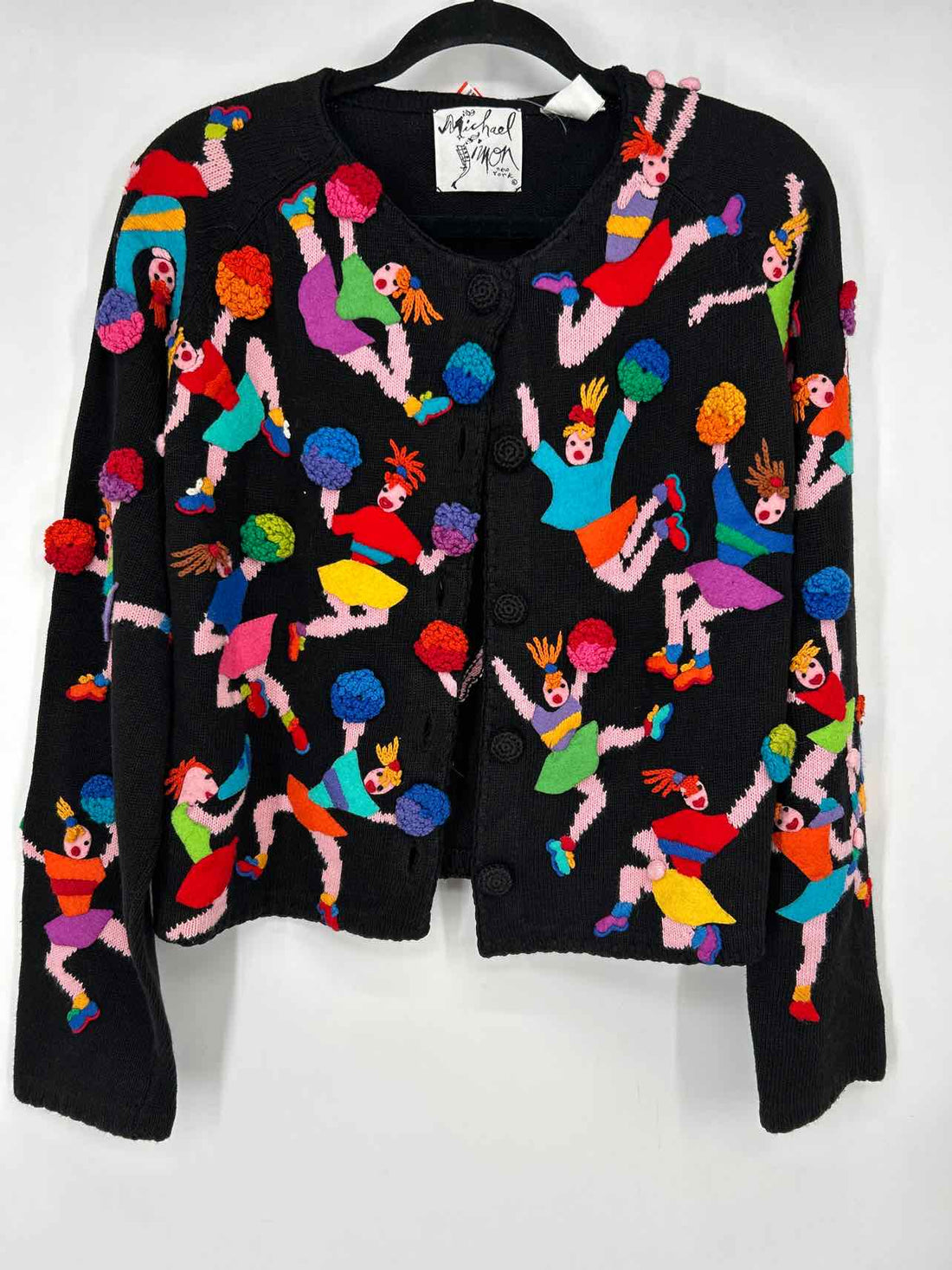 Michael Simon Size L Black Print Embroidered 90s Vintage Cardigan