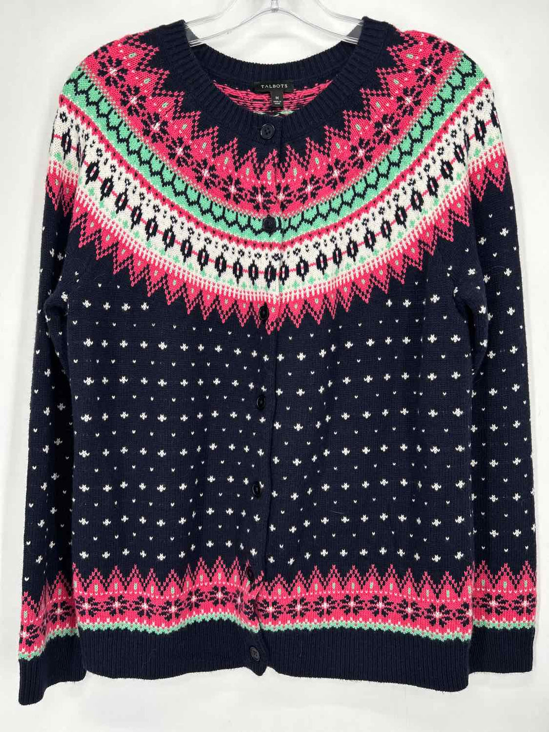 Talbots Size M Navy & Pink Print Cardigan