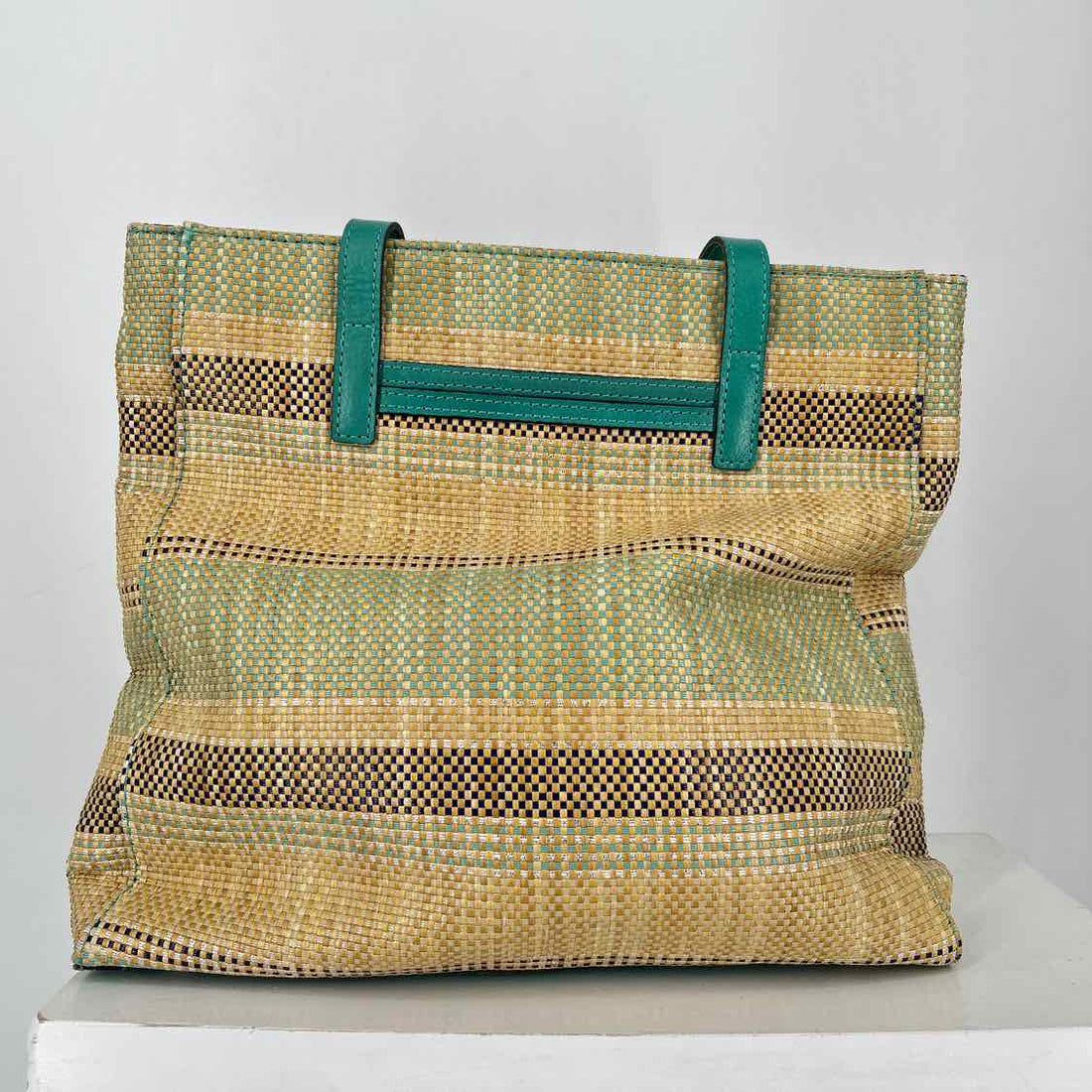 Patricia Nash Turquoise Multi Color Straw/Leather Pre Owned Tote