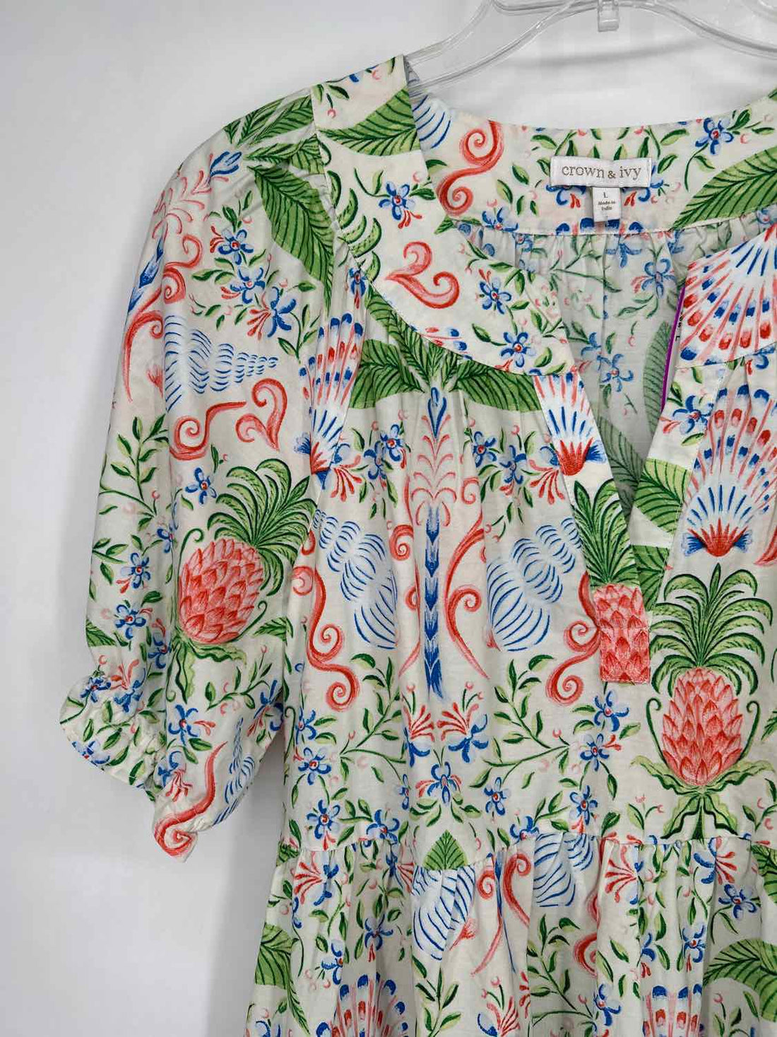 Crown & Ivy Size L White Green & blue Short Sleeve Dress