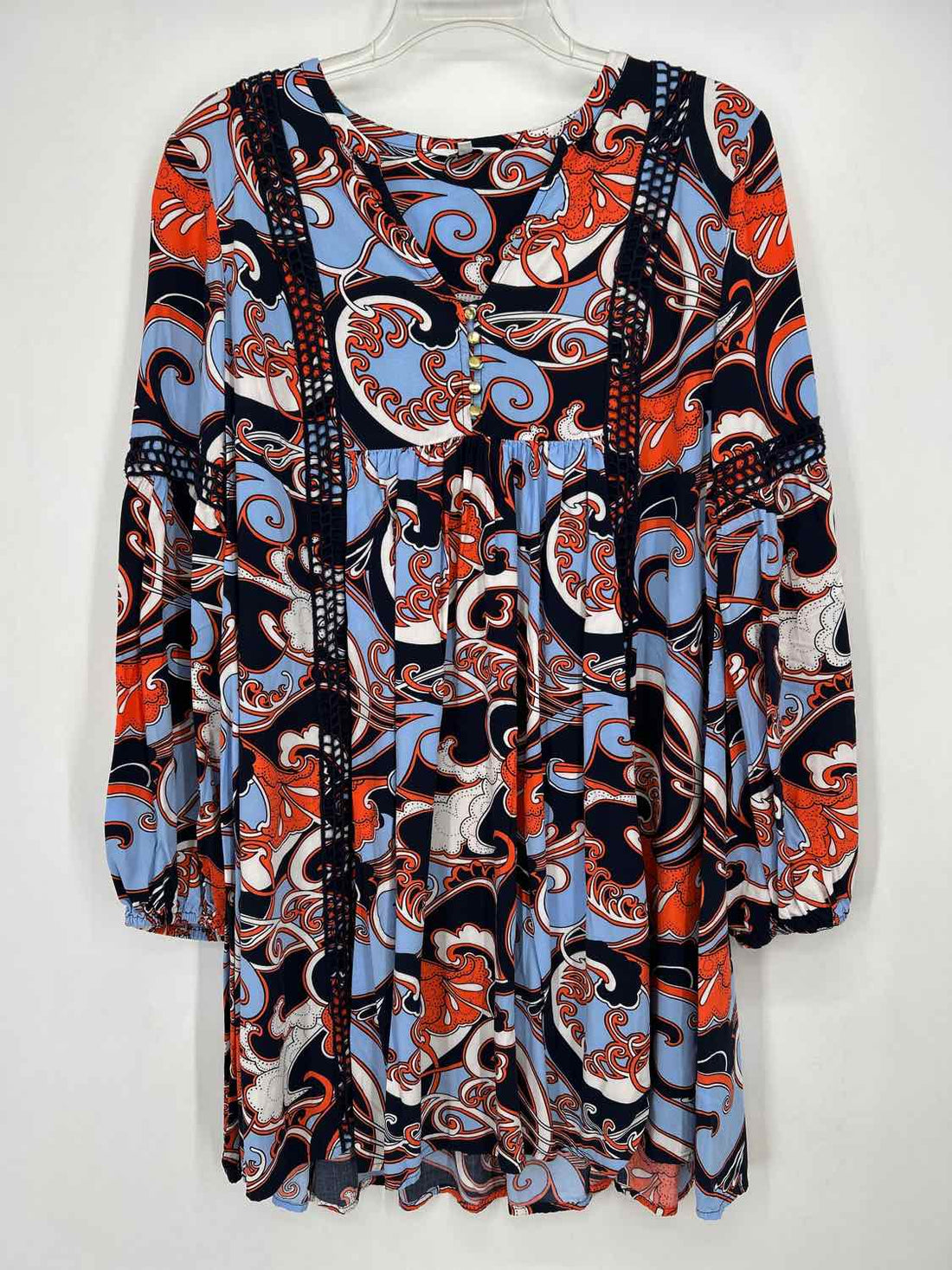 Crown & Ivy Size M Navy & Orange Print Long Sleeve Dress
