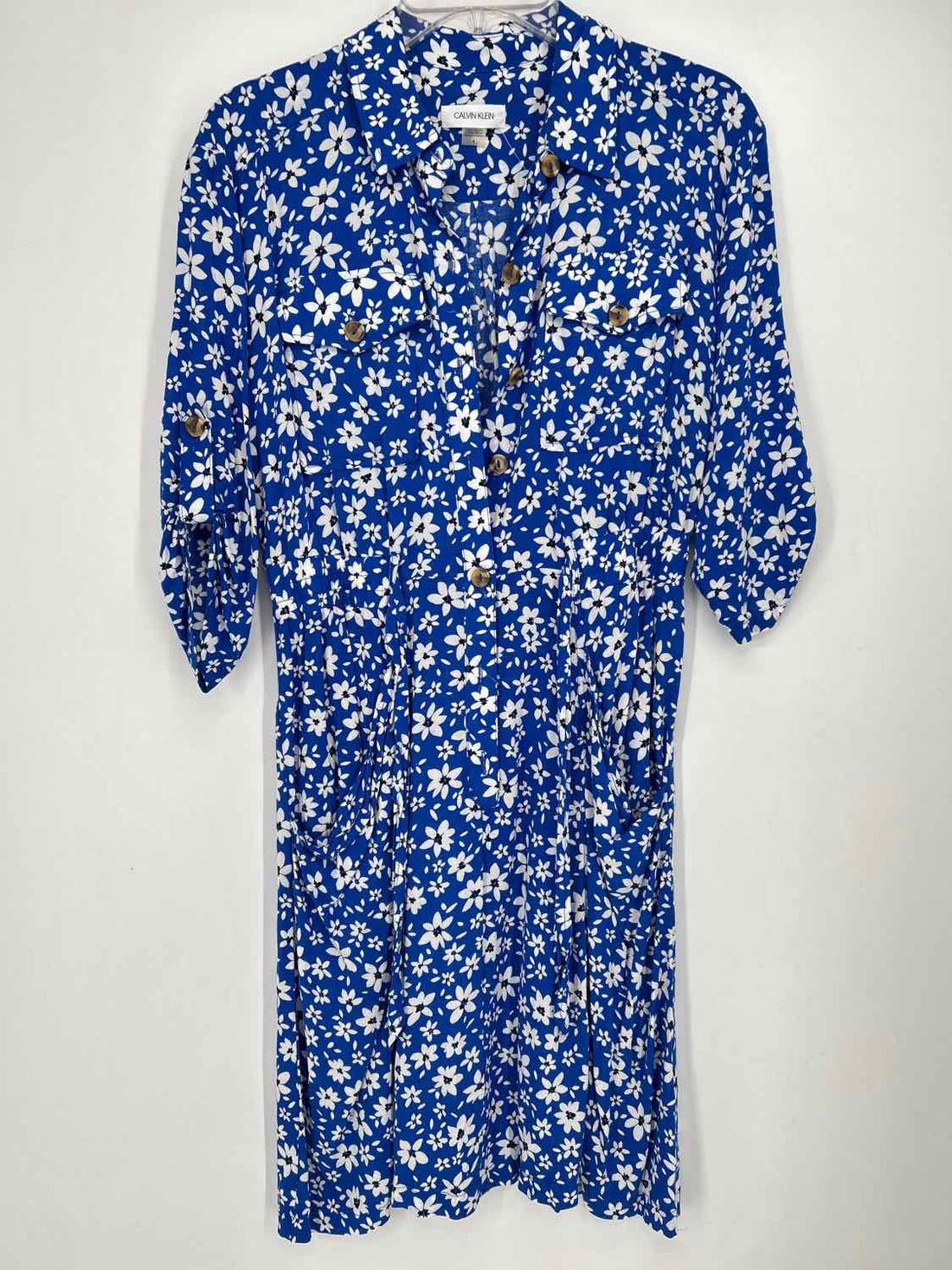 Calvin Klein Size 4 Blue & White Floral Long Sleeve Dress