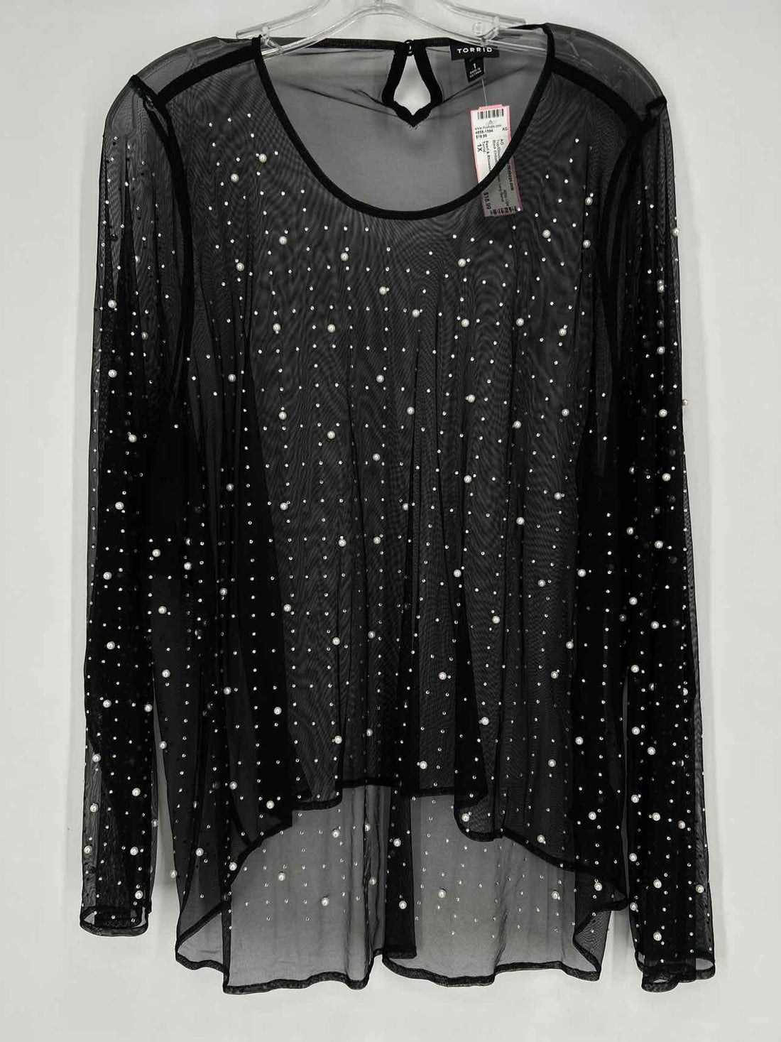 Torrid Size 1X Black Embellished Mesh Long Sleeve Top/Blouse