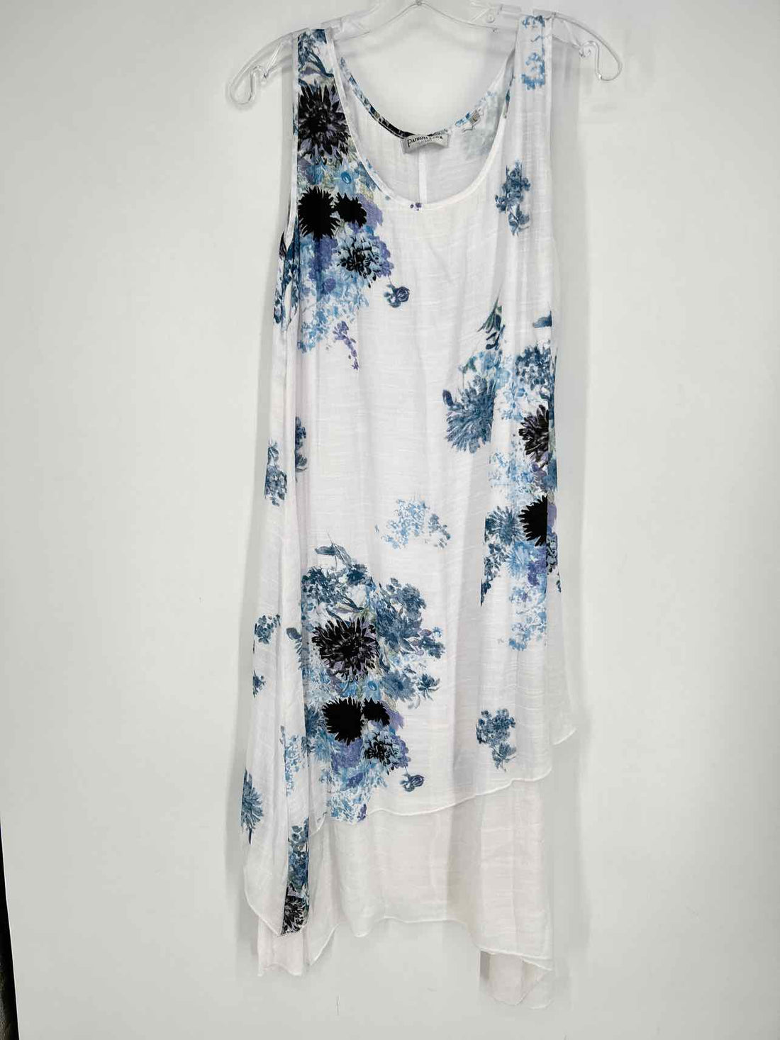 Patrizia Luca Size L White & Blue Floral Sleeveless Dress