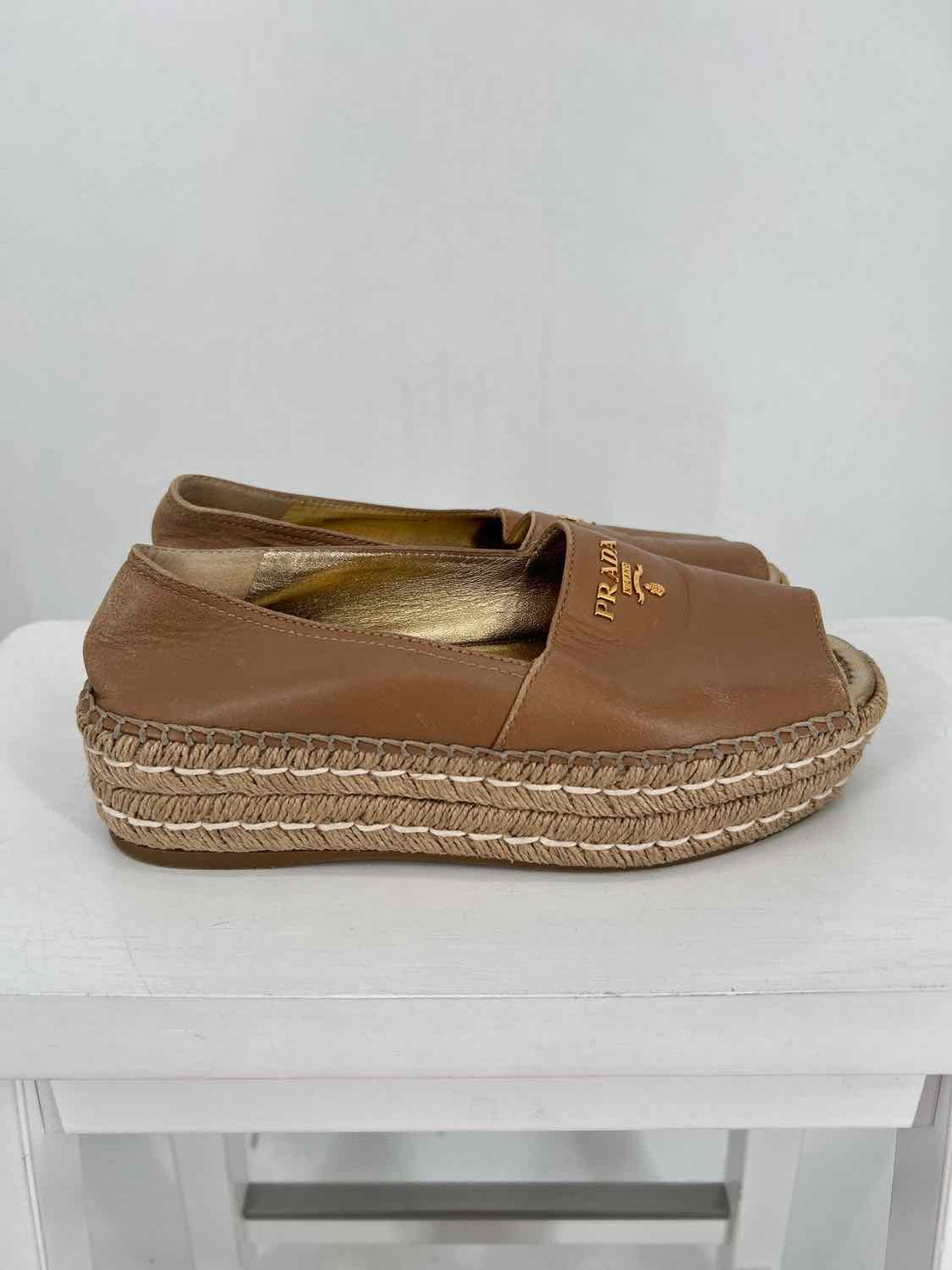 Prada Open Toe Espadrille Women Size 36.5 Tan Fair LUXURY