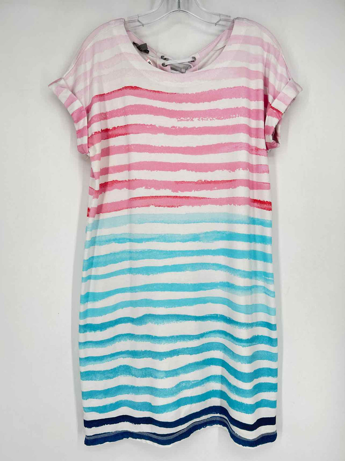 T By Talbots Size L White Pink & Blue Striped Short Sleeve Dress