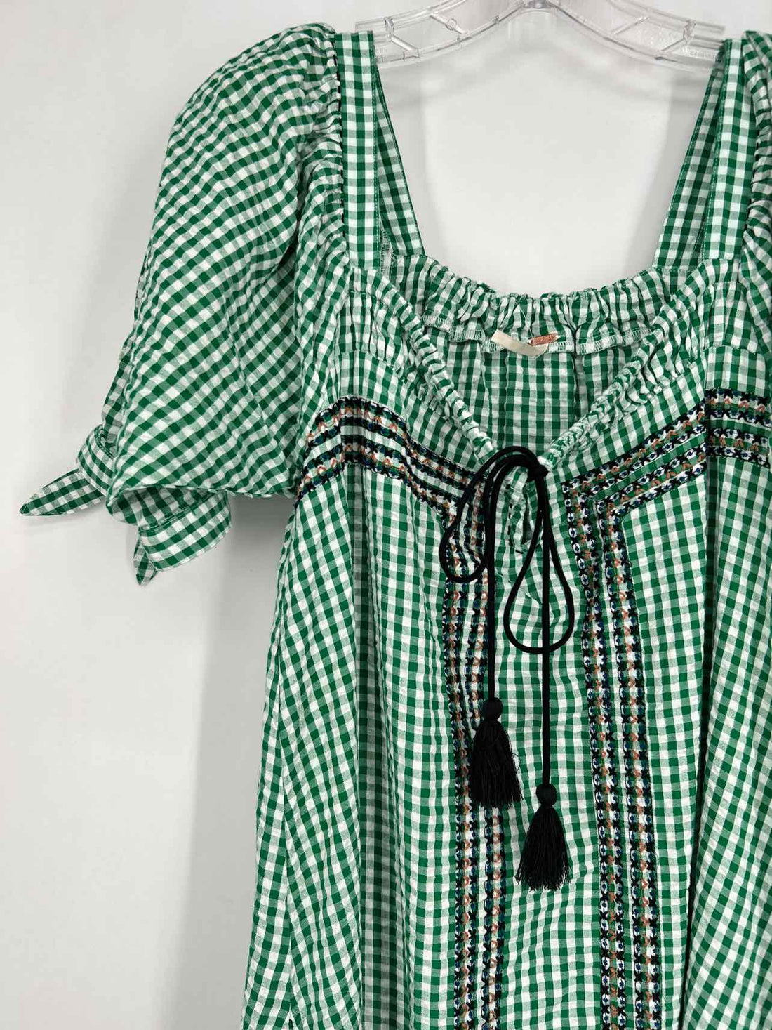 Free People Size S Green Gingham Embroidered Short Sleeve Maxi