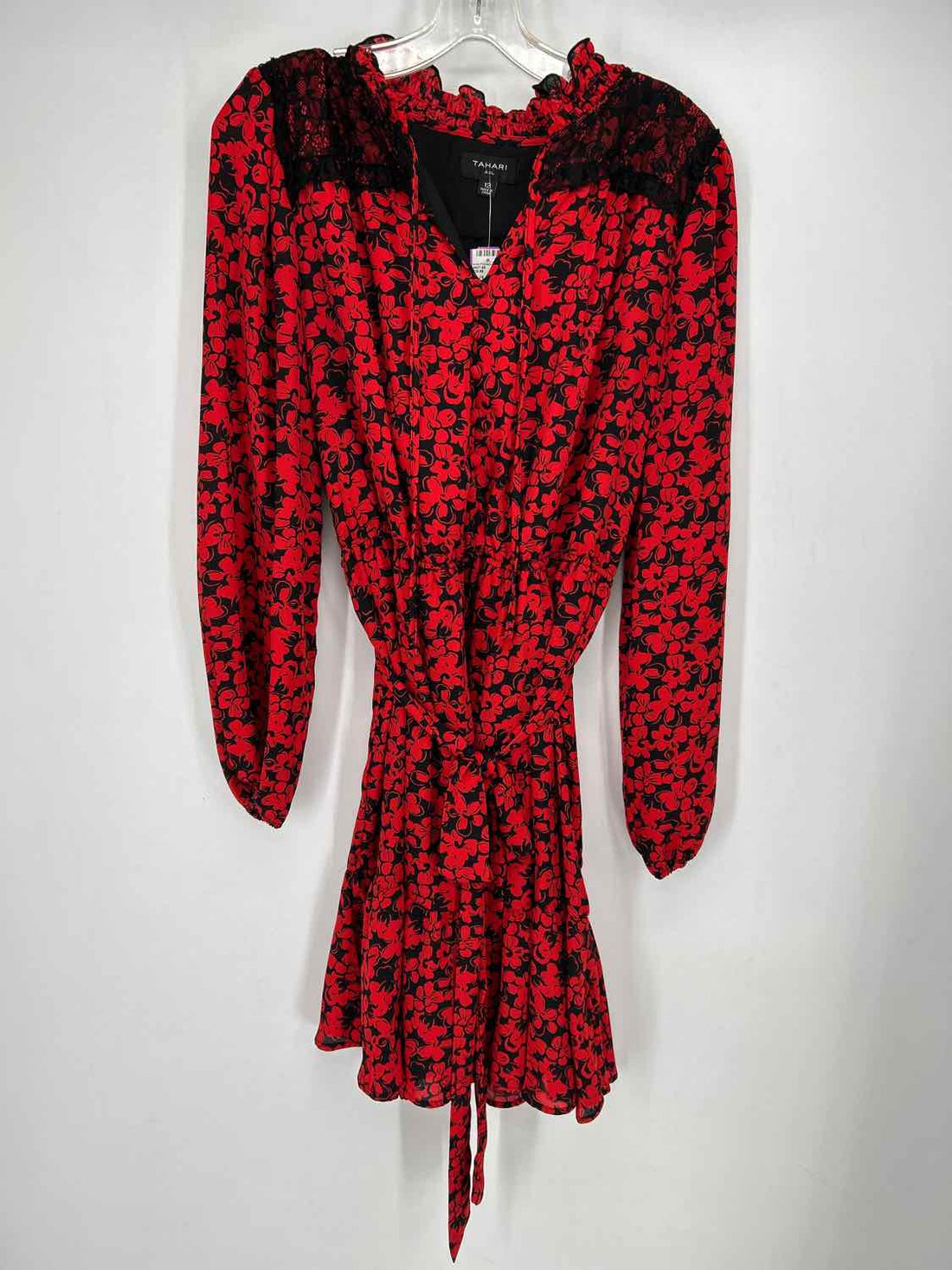 Tahari Arthur S. Levine Size 12 Black & Red Floral Long Sleeve Dress