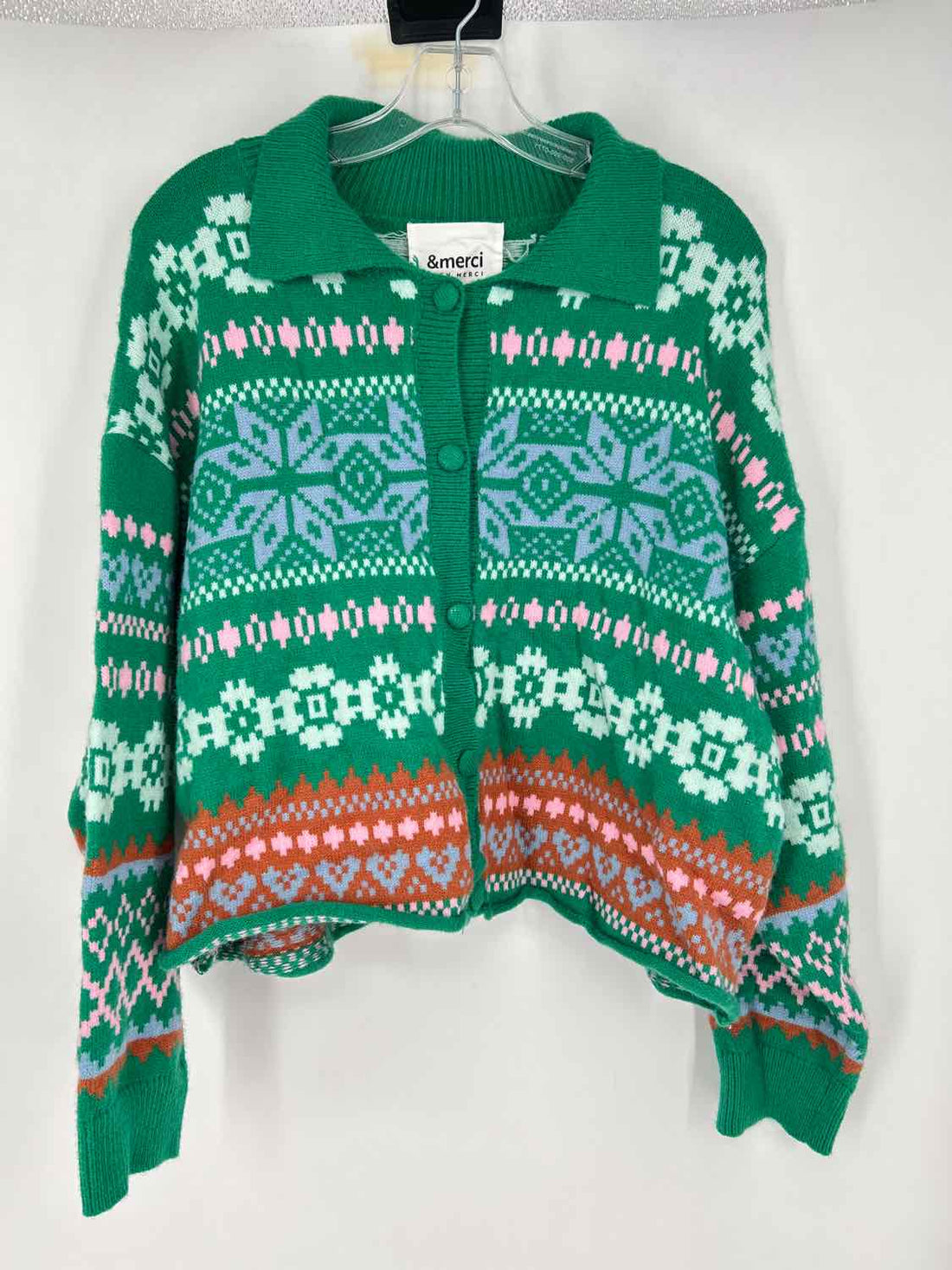 & Merci Size L Green Print Cardigan