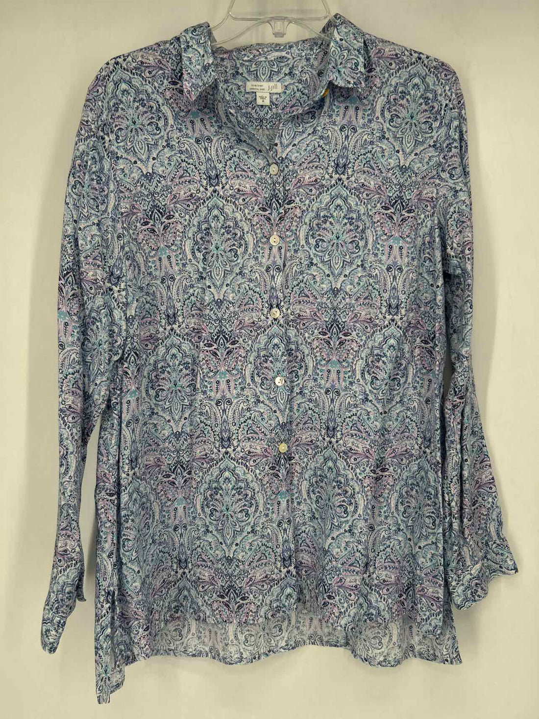 J Jill Love Linen Size M White Blue & Purple Print Long Sleeve