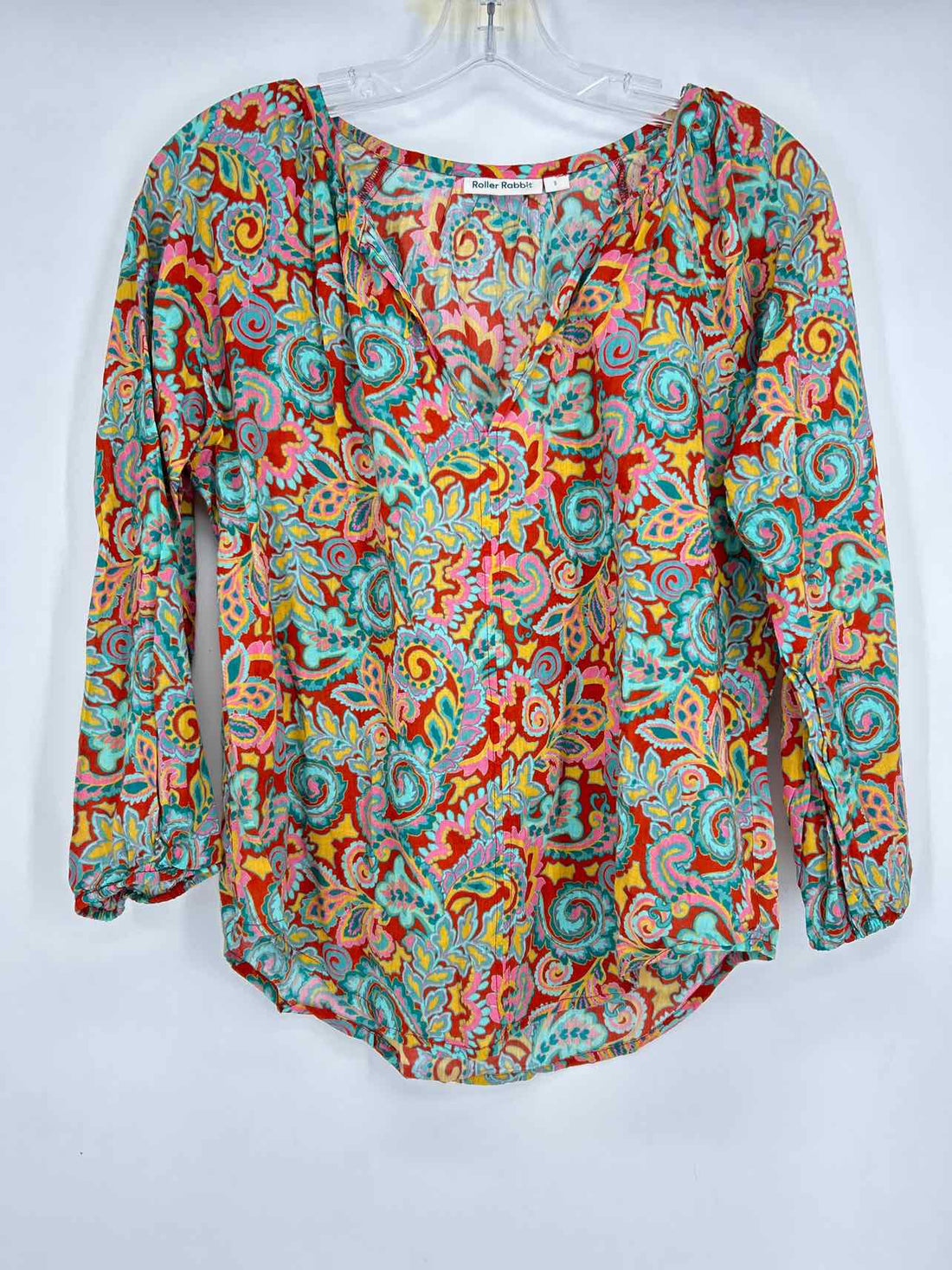 Roller Rabbit Size S Burnt Orange & Aqua Print Long Sleeve