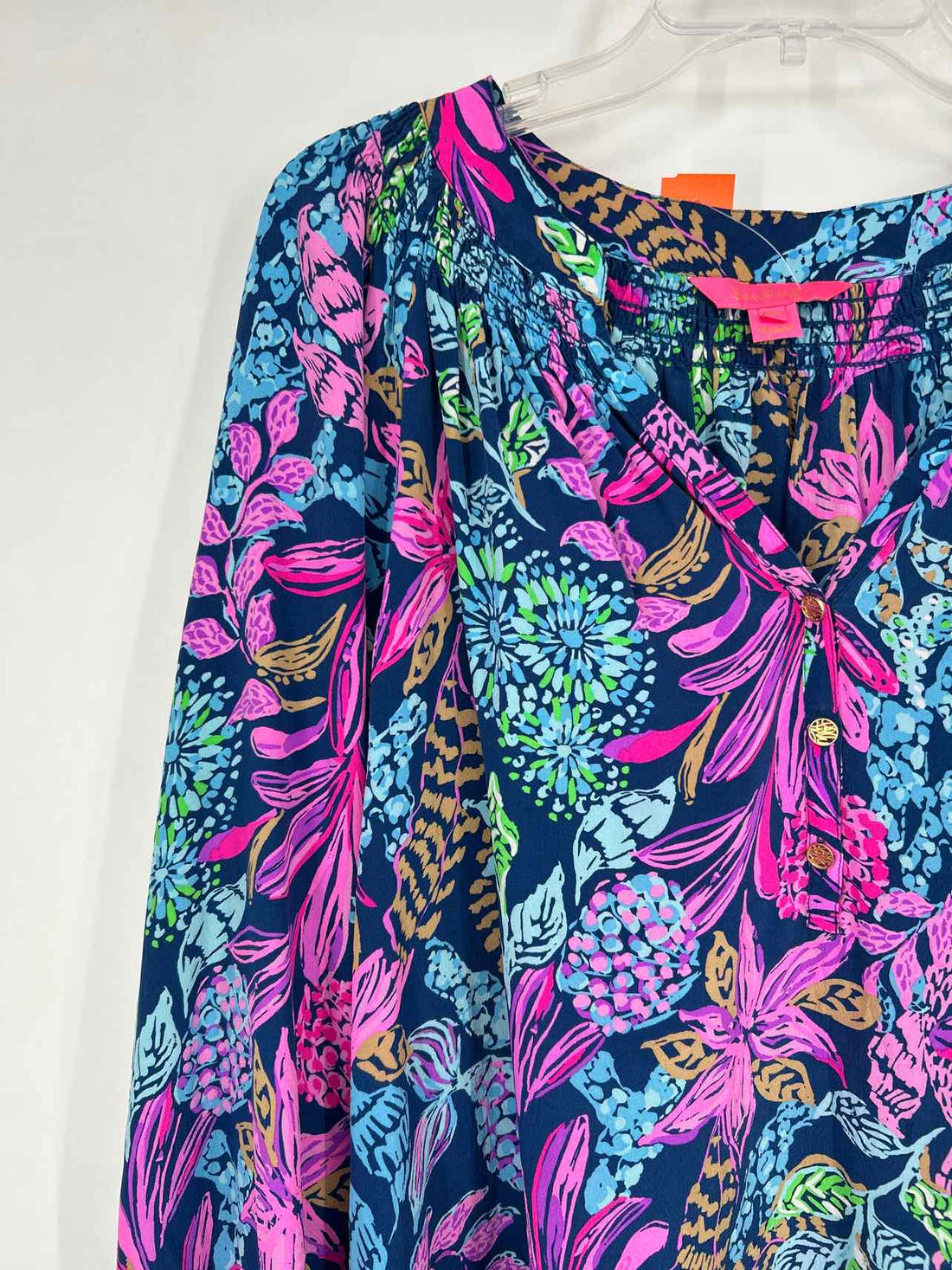 Lilly Pulitzer XXL Navy Floral Silk Long Sleeve Lilly Pulitzer Top
