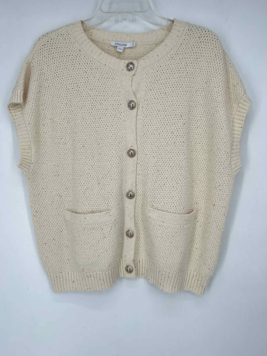 Chicos Size 2/L Cream Sequined Short Sleeve Cardigan