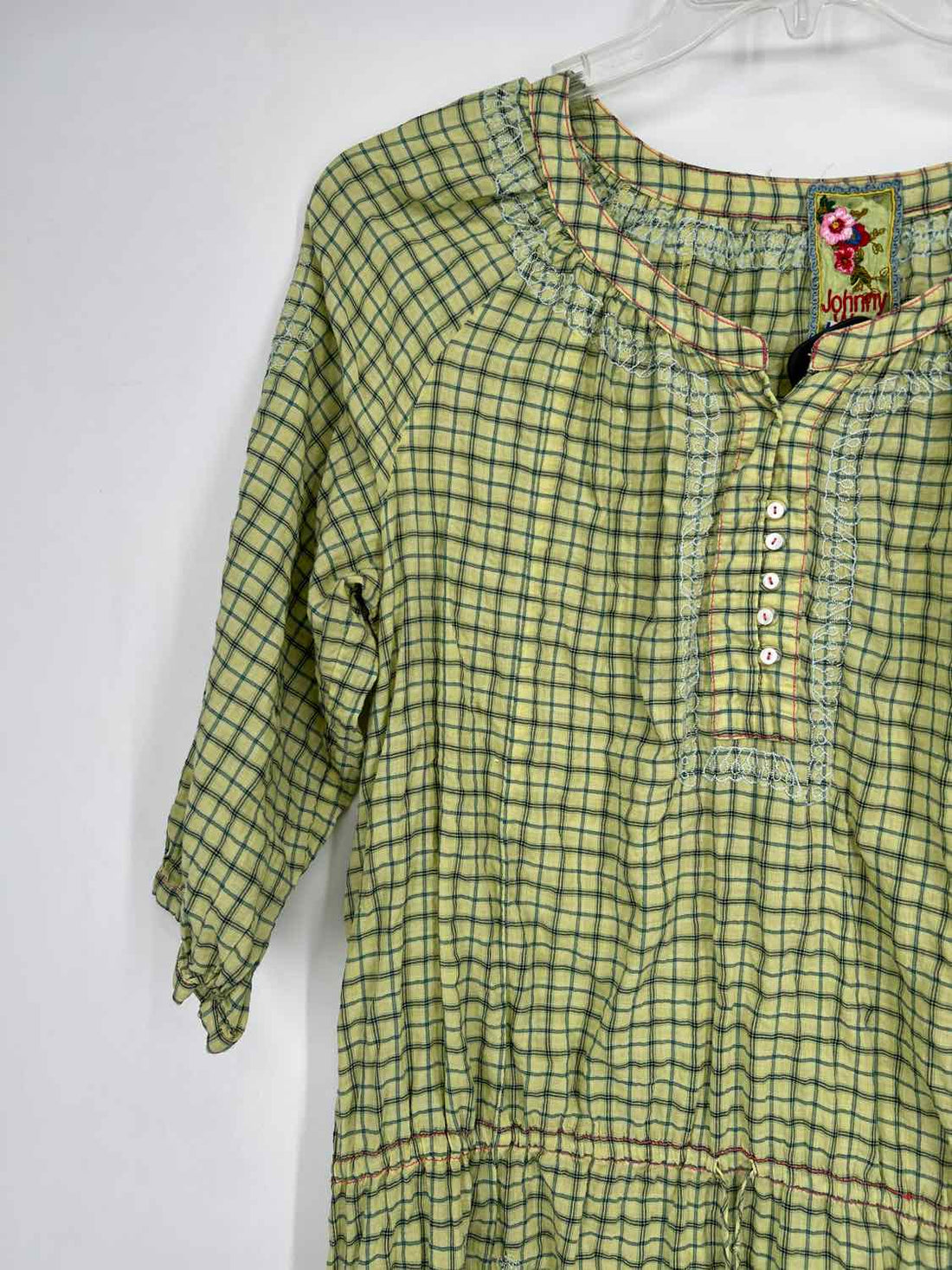 Johnny Was Size S Light Green & Navy Plaid Cotton Blend Long Sleeve Dress