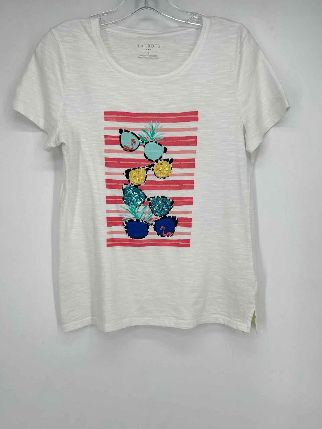 Talbots Size S White Print Cotton Short Sleeve
