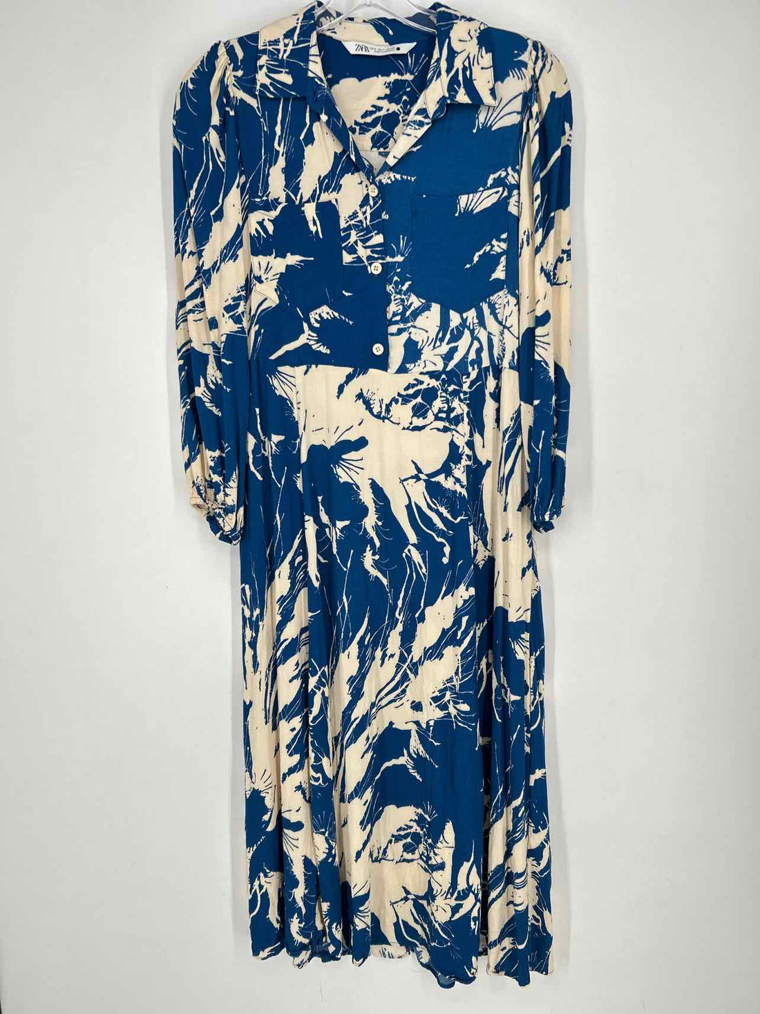 Zara Size S Blue & Beige Print Long Sleeve Dress