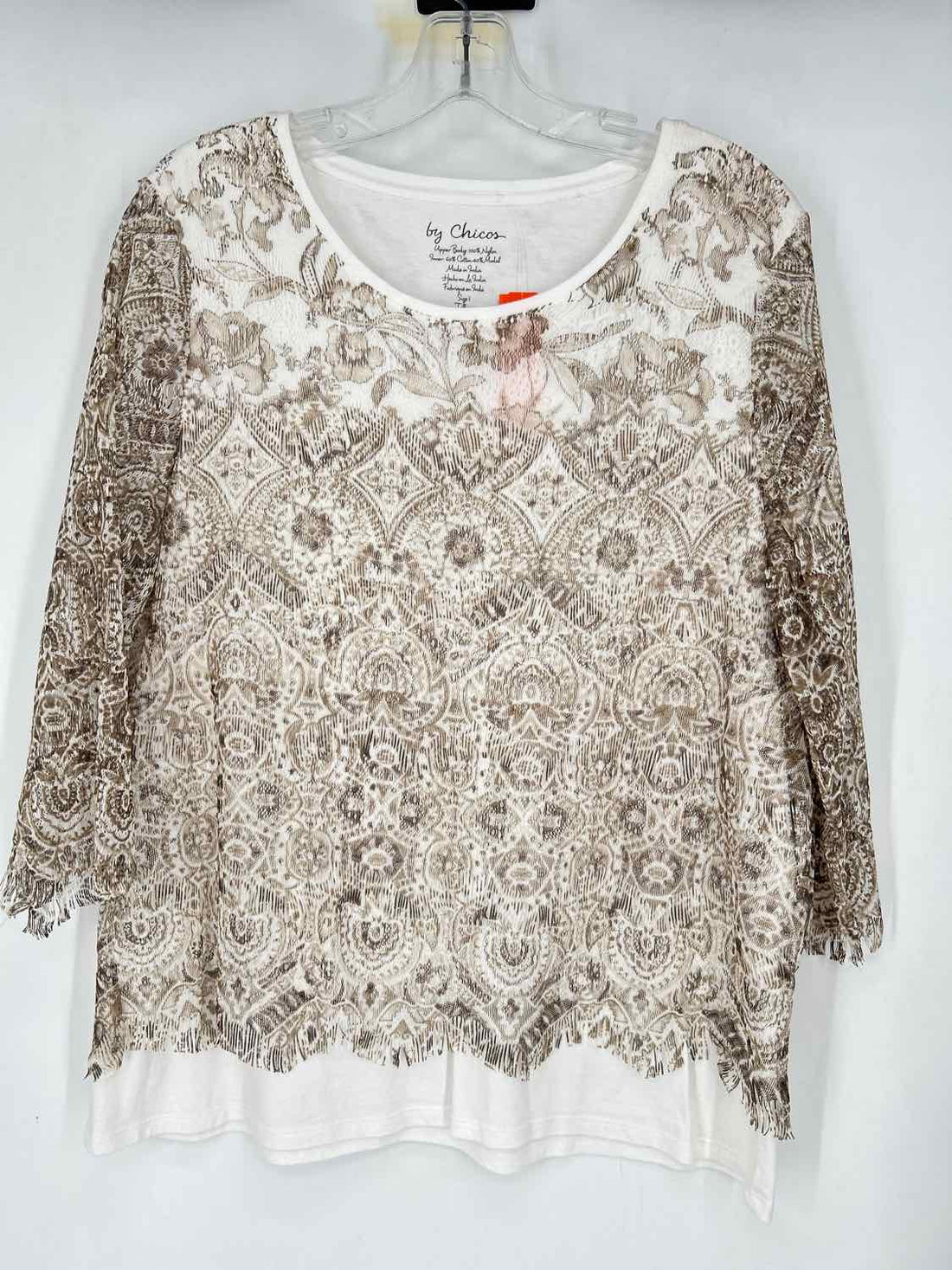 Chicos Size 1(M) White & Tan Lace Long Sleeve
