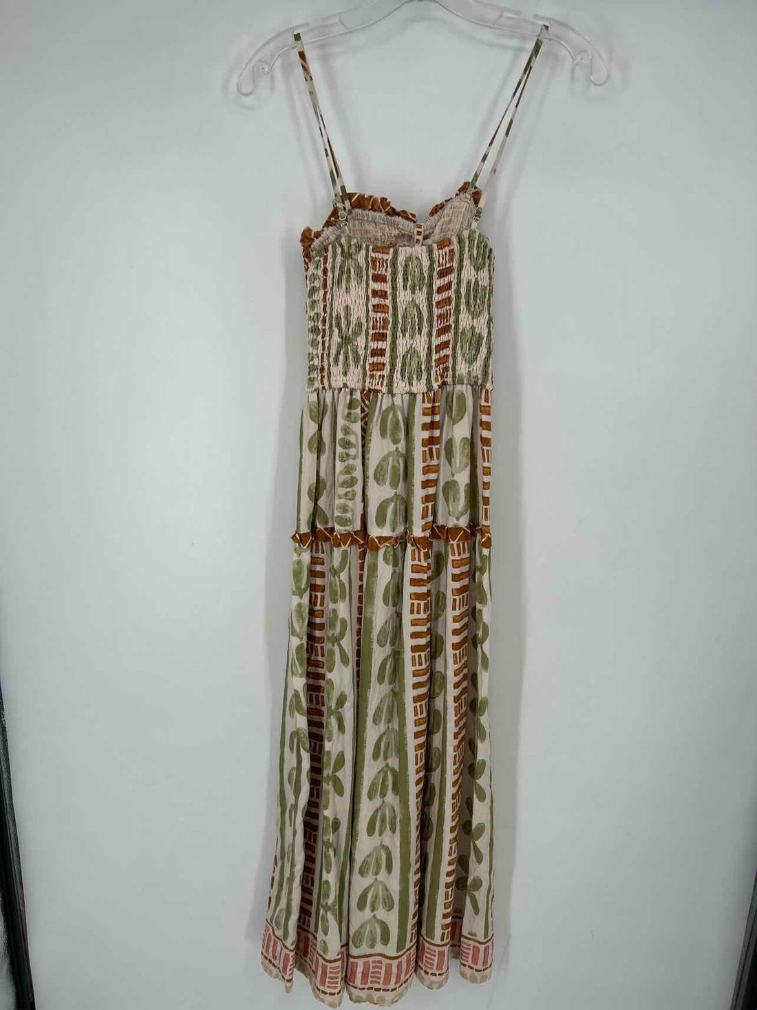 Dress Forum Size S White Green & Brown Smocked Sleeveless Dress