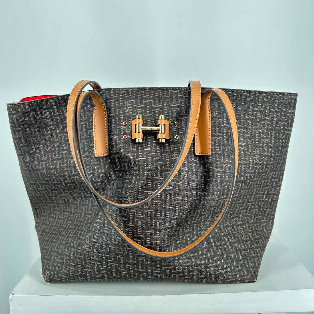 Halston Brown Print Vegan Leather Pre Owned Tote